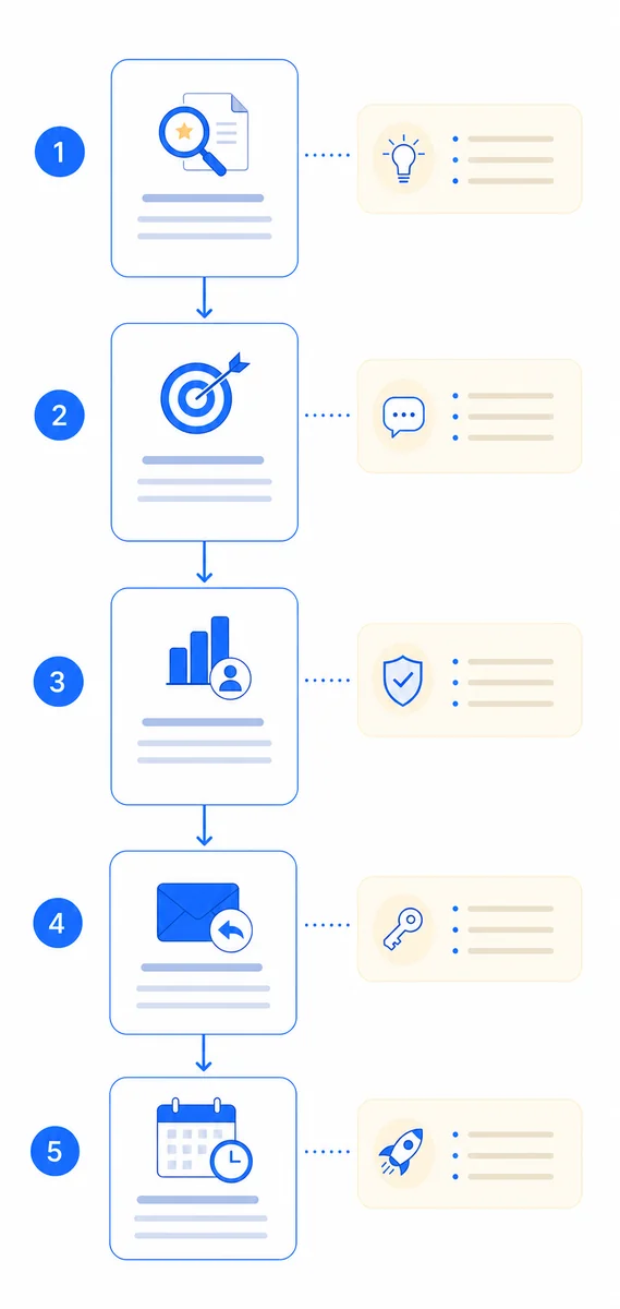 Flowchart mapping a five-step cold email sequence structure for 2025 marketing strategies from initial outreach to follow-up close.