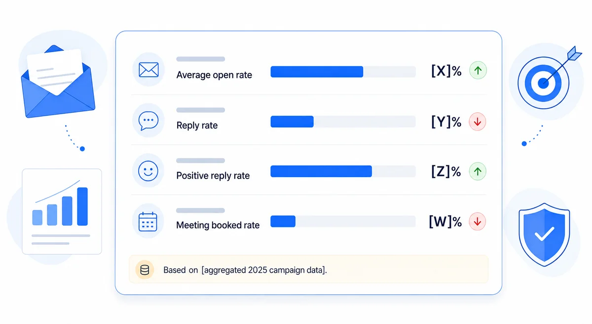 Chart showing cold email marketing strategies performance benchmarks including open rates, reply rates, and conversion metrics for 2025.