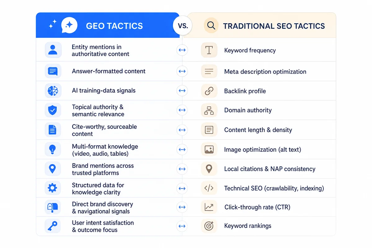 Side-by-side table comparing ten GEO tactics against traditional SEO equivalents to improve brand visibility in ChatGPT and AI engines.