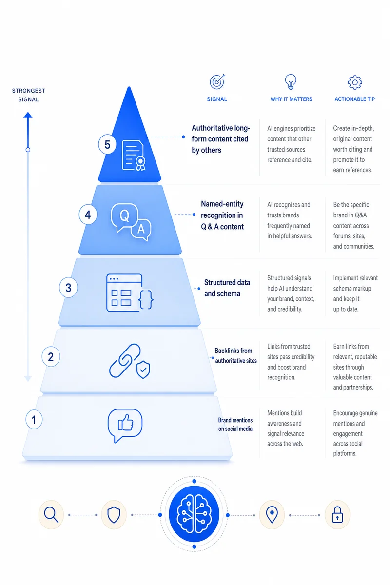 Pyramid ranking the signal hierarchy AI engines use to choose which brands to cite for visibility in ChatGPT and similar platforms.