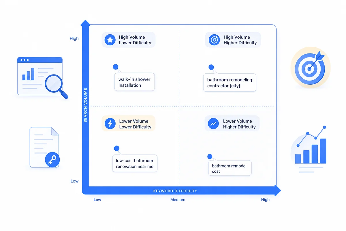 Matrix chart plotting bathroom remodeling SEO marketing keywords by difficulty score against monthly search volume for prioritization.