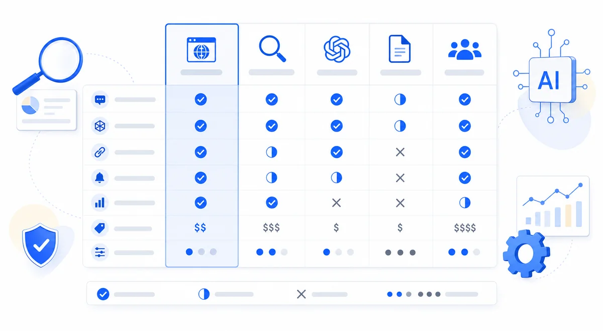 Comparison table evaluating five best ai search optimization tool categories with chatgpt integration across seven feature dimensions.