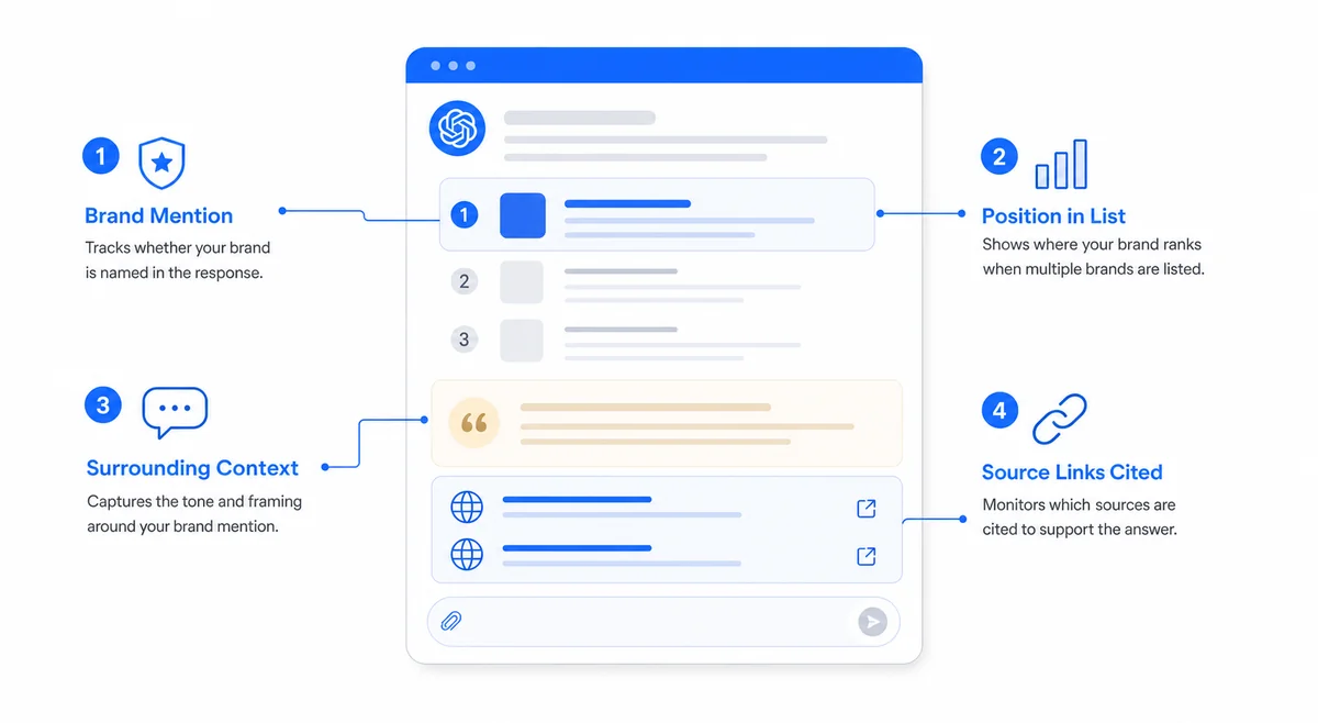 Diagram illustrating what best ChatGPT SEO tracking software actually measures across brand mentions, rankings, and citation sources.