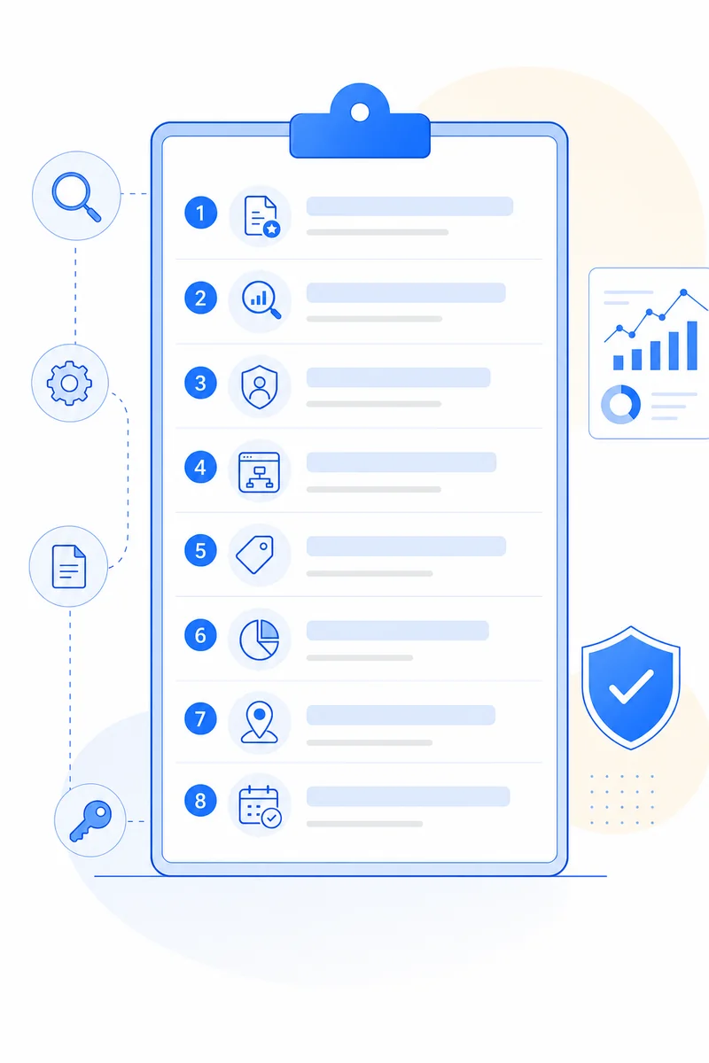Eight-item checklist for evaluating best generative AI SEO services in 2025, covering citations, LLM tracking, E-E-A-T, schema, and contract terms.