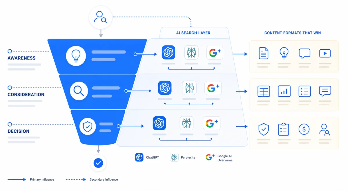Funnel diagram showing how best generative AI SEO services in 2025 impact each stage of the search funnel from awareness to conversion.