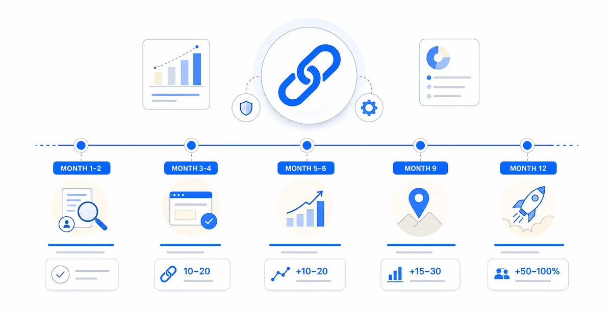 Timeline showing a realistic schedule for best link building services and guest posts to produce results for home-services businesses in 2026.