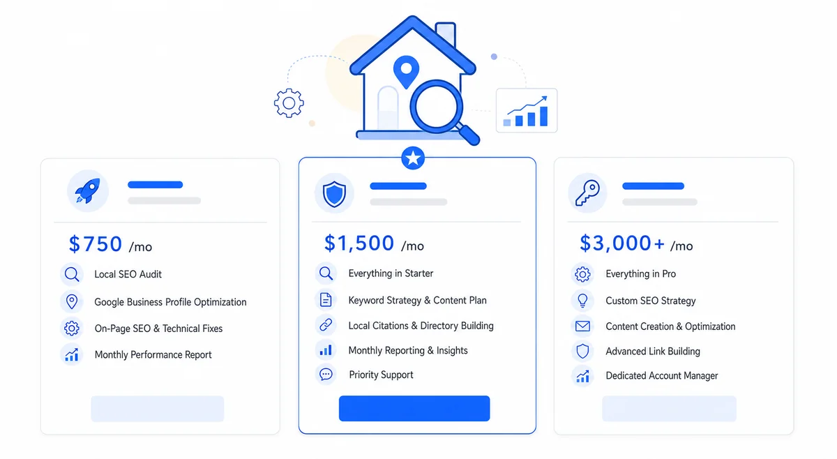 Three-tier card diagram showing what home-services owners get at each HouseCall boutique SEO agency plan from Starter to Custom.