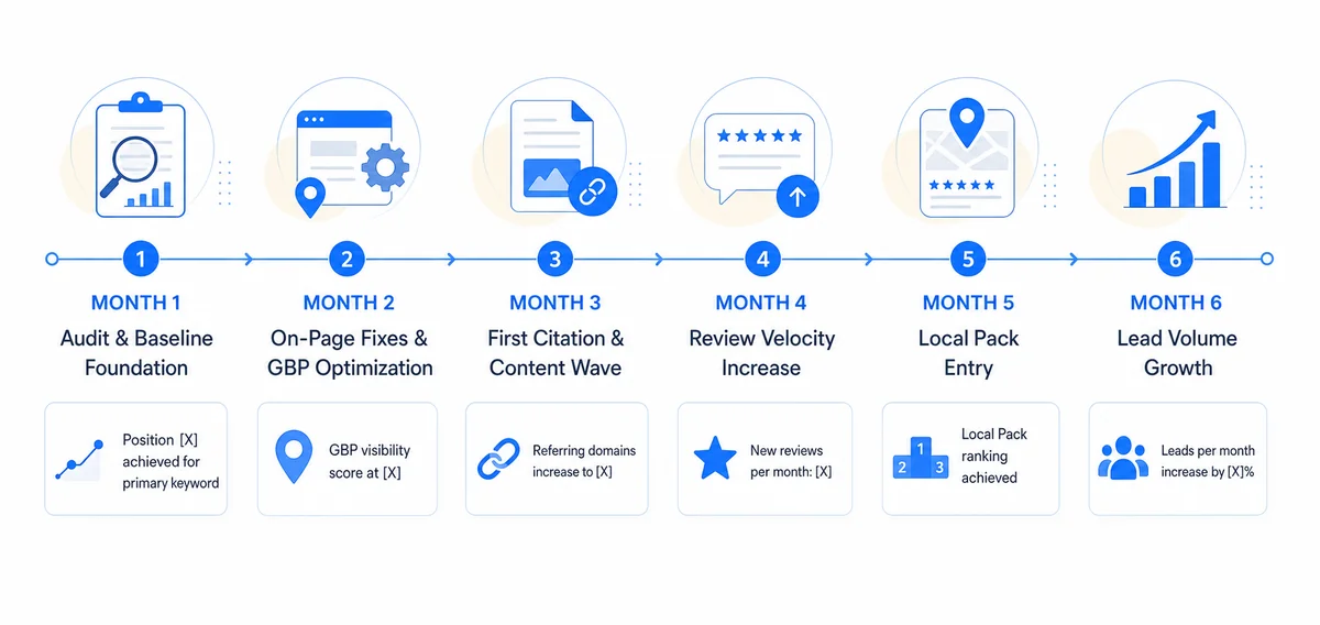 Timeline illustrating when boutique SEO results can realistically be expected across traffic, leads, and ranking milestones.