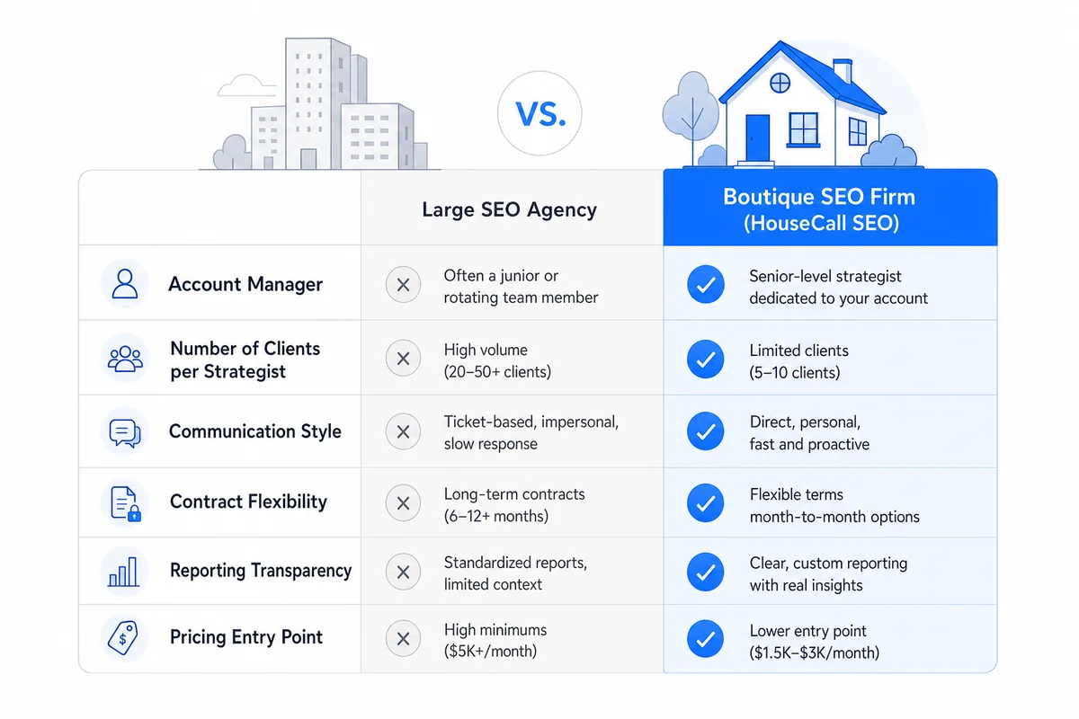 Side-by-side table comparing boutique SEO firm HouseCall SEO against large SEO agencies across six service model dimensions including pricing and transparency.