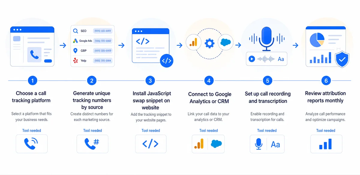 Flowchart showing the step-by-step call tracking software setup process for lead generation campaigns.