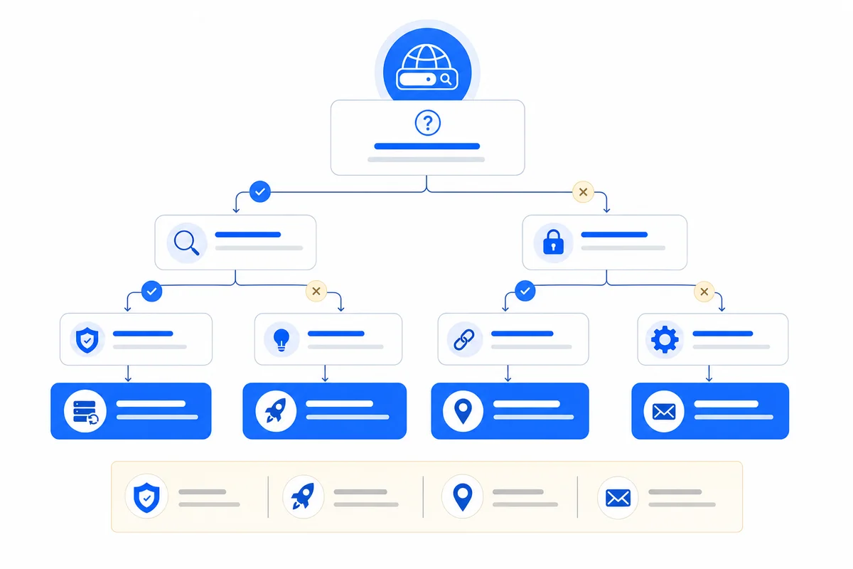 Decision tree guiding site owners through choosing the right domain name for SEO when changing domains.