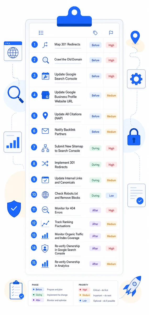 Checklist of 15 critical SEO steps before, during, and after changing a domain name to protect rankings.