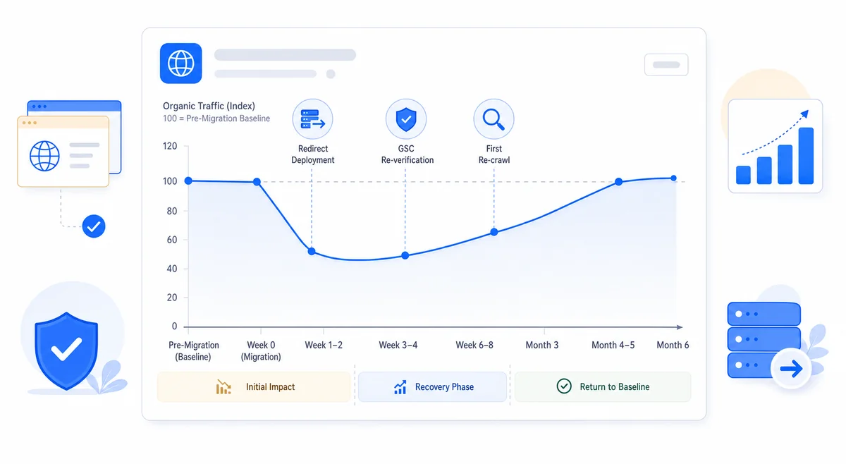 Chart showing the expected organic traffic drop timeline after changing a domain name for SEO migration.