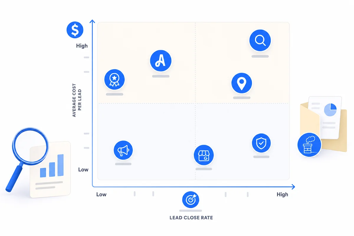 Scatter chart ranking chimney sweep lead generation sources by average cost-per-lead and close rate.