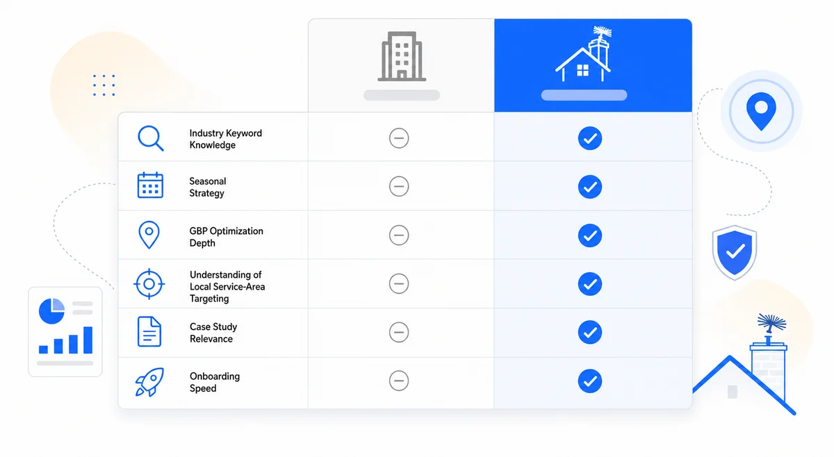 Comparison table contrasting a chimney sweep marketing agency against a general digital agency across six criteria.