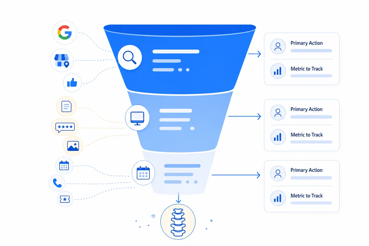 Funnel diagram showing the chiropractor marketing patient acquisition journey broken down by channel.