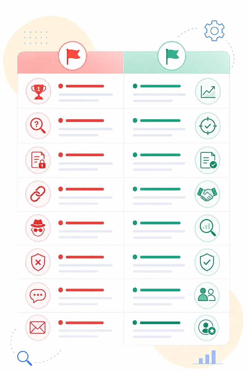Table comparing red flags versus green flags to watch for when choosing an SEO company.