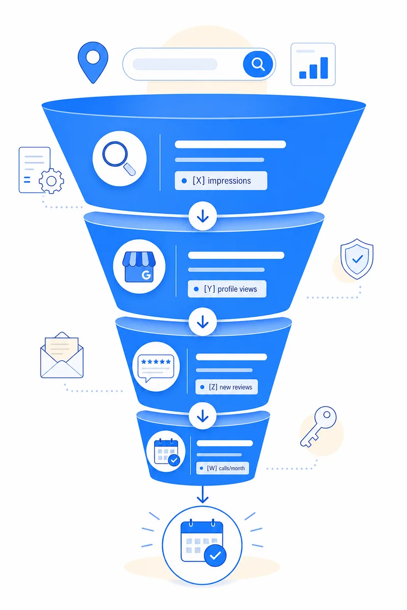 Funnel diagram showing four cleaning service company SEO stages from keyword research to booked appointments.