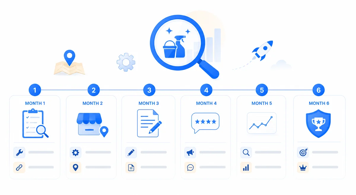 Chart showing a cleaning service company SEO results timeline from campaign launch to ranking milestones.