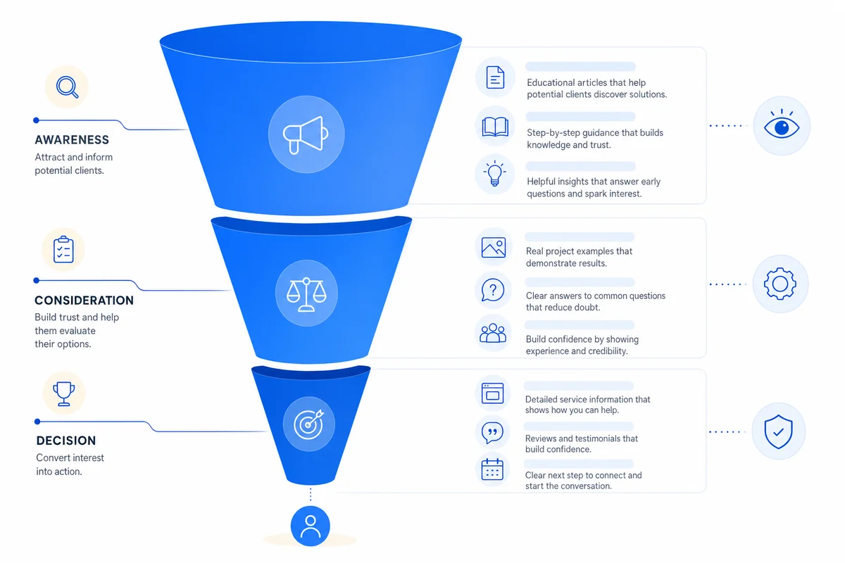 Funnel diagram illustrating how content marketing for contractors moves prospects from awareness to booked jobs.