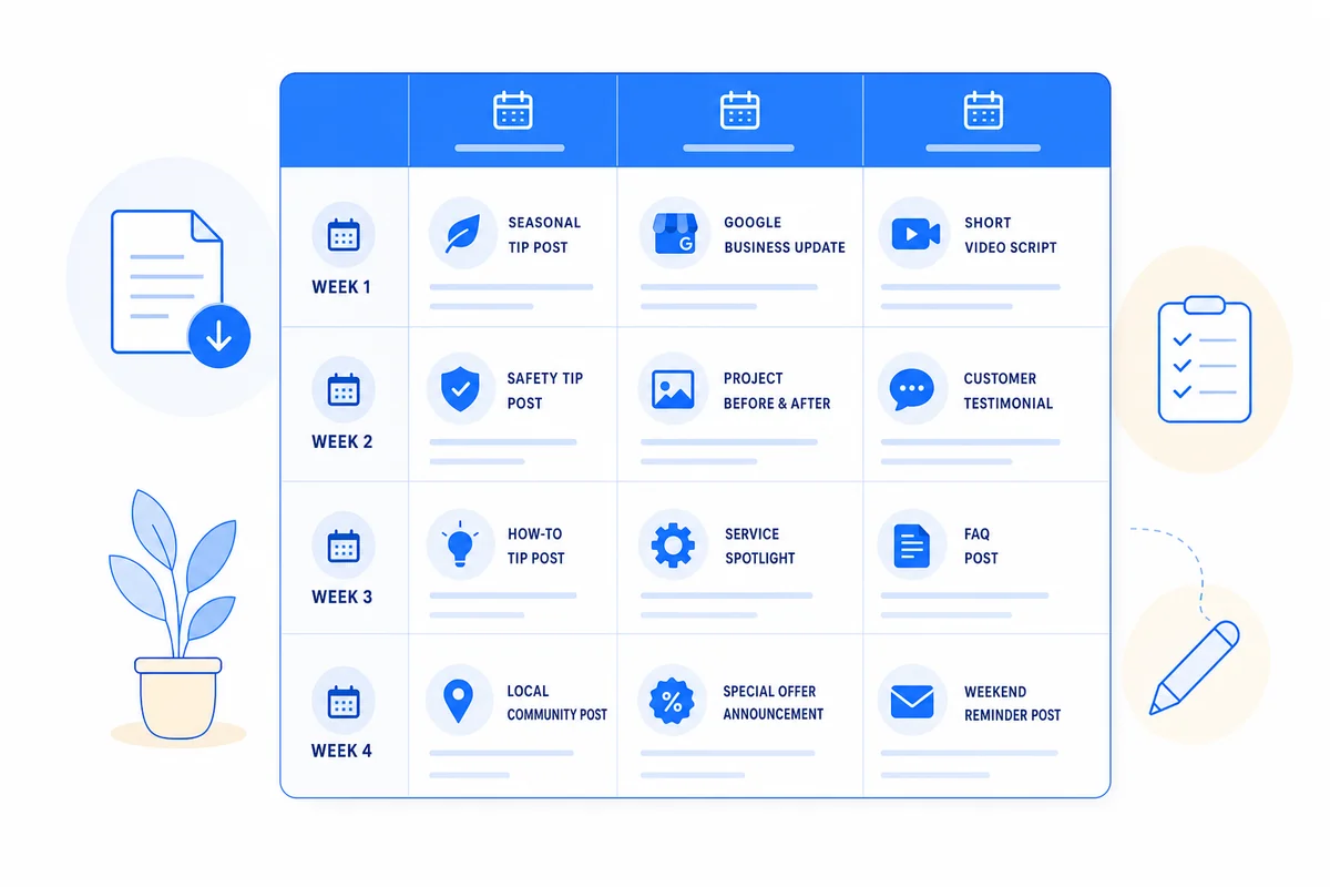 Monthly content calendar template for a home-service contractor showing planned post types and publishing schedule.