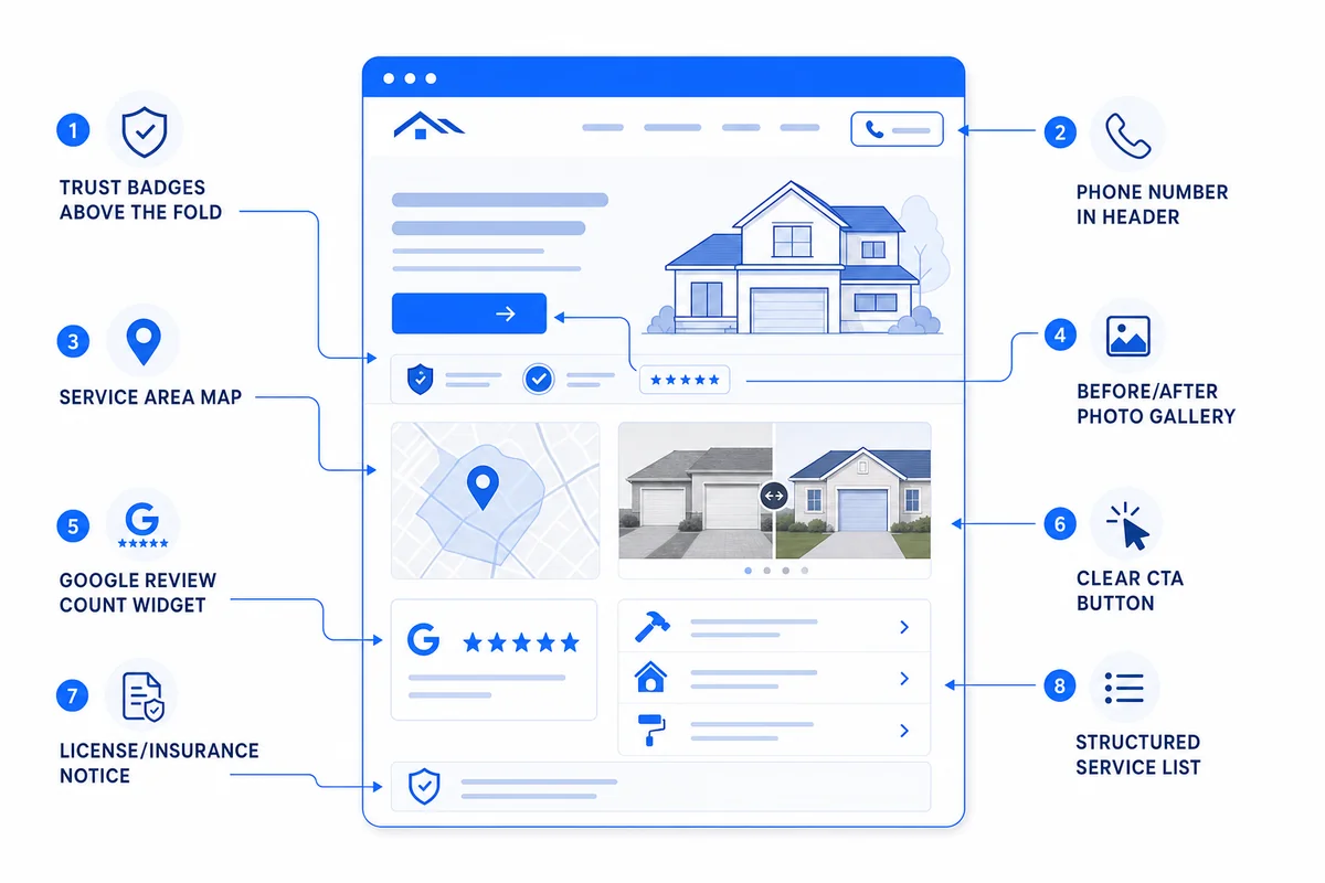 Annotated wireframe highlighting eight must-have contractor website design elements that convert visitors into calls.