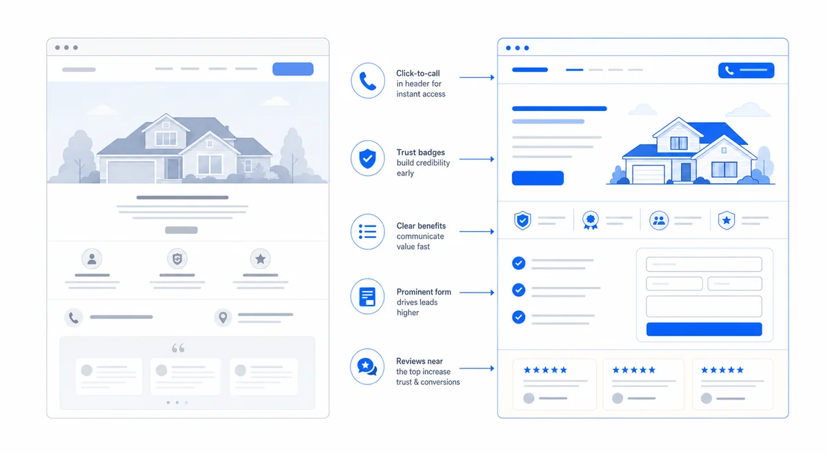 Side-by-side comparison diagram showing a service page before and after a conversion rate optimization consultant redesign.