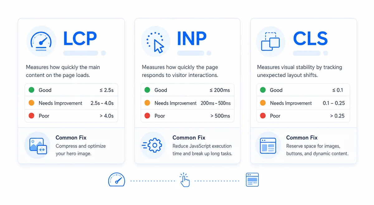 Diagram explaining what each core web vitals optimization service metric means for real visitor experience on a page.