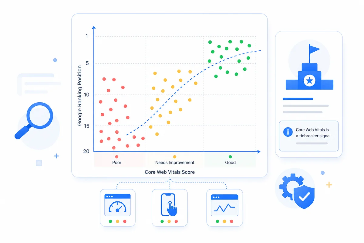 Scatter chart correlating core web vitals optimization service scores with Google search ranking positions one through twenty.