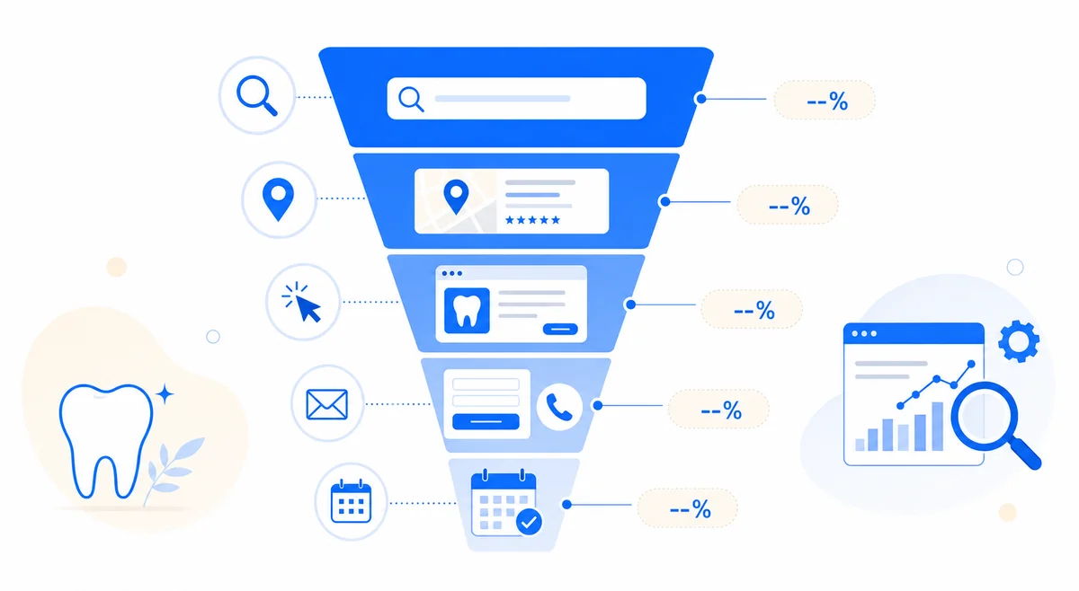 Funnel diagram mapping the dentist SEO marketing journey from search impression to new dental practice patient booking.