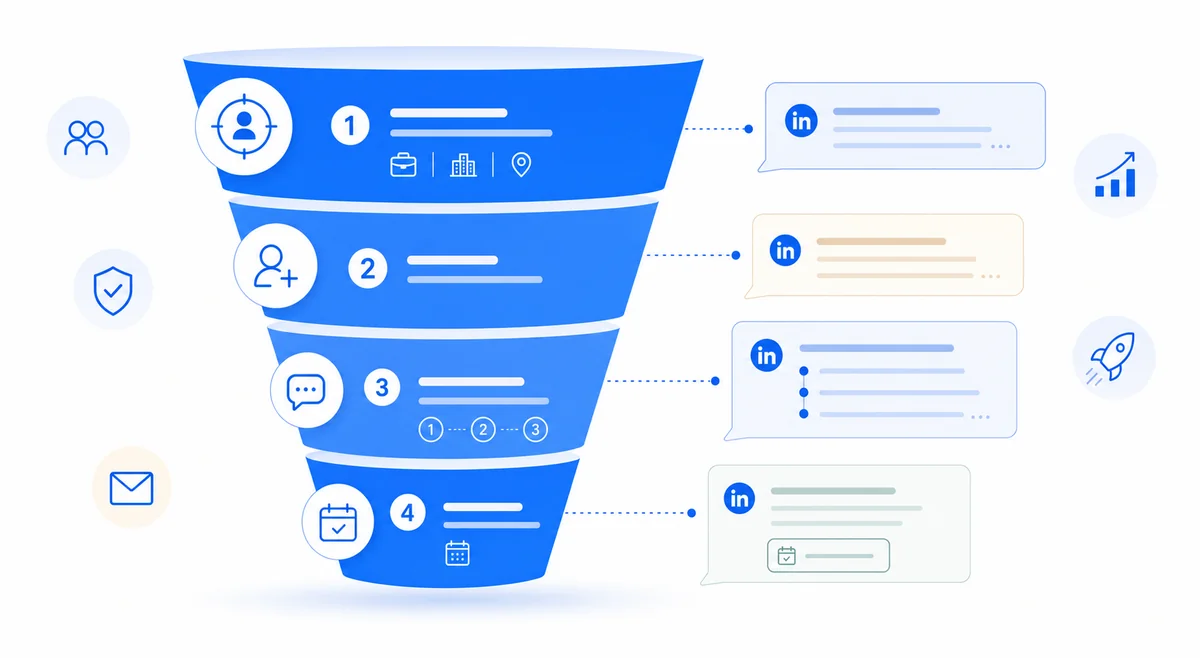 Funnel diagram showing done-for-you LinkedIn lead generation stages from ICP targeting through discovery call booking.