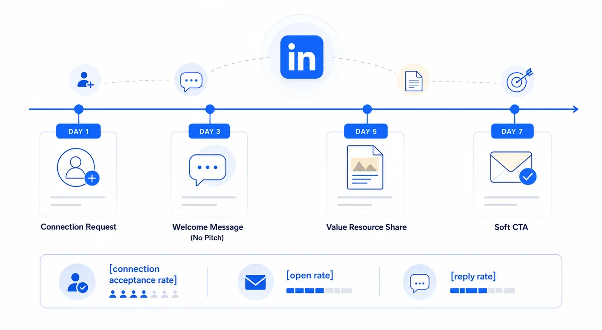 Timeline showing the done-for-you LinkedIn lead generation outreach sequence with touchpoint intervals and message types.