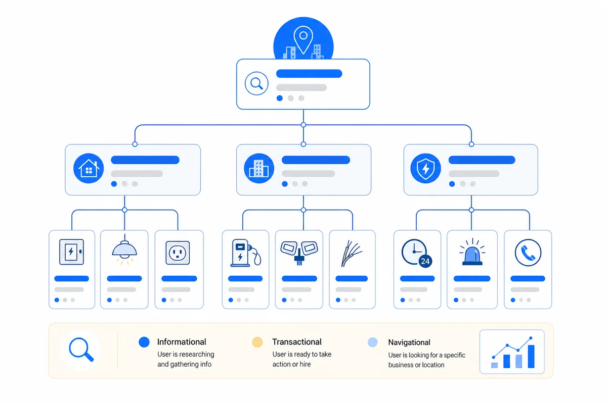 Decision tree organizing electrician SEO keywords into a hierarchy from broad service terms to geo-specific long-tail queries.