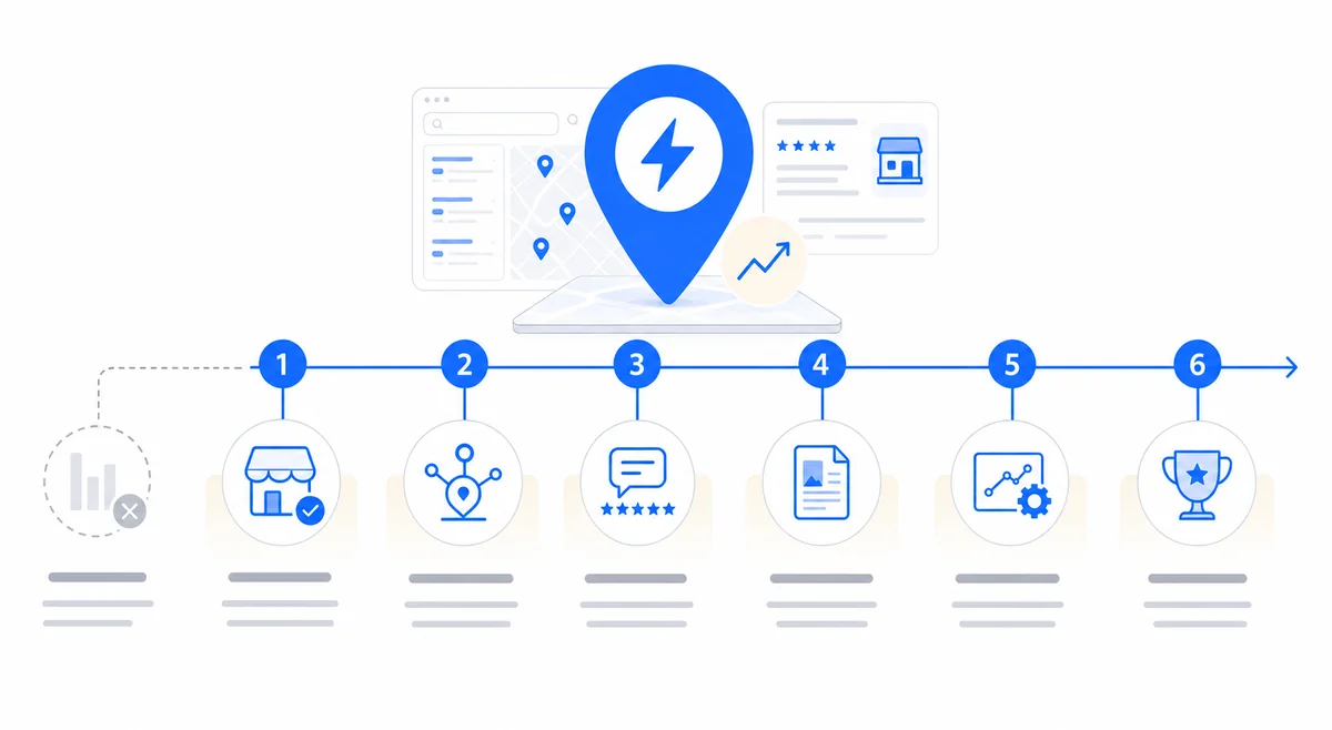 Timeline showing the month-by-month progression of electrician SEO efforts leading to local pack visibility.