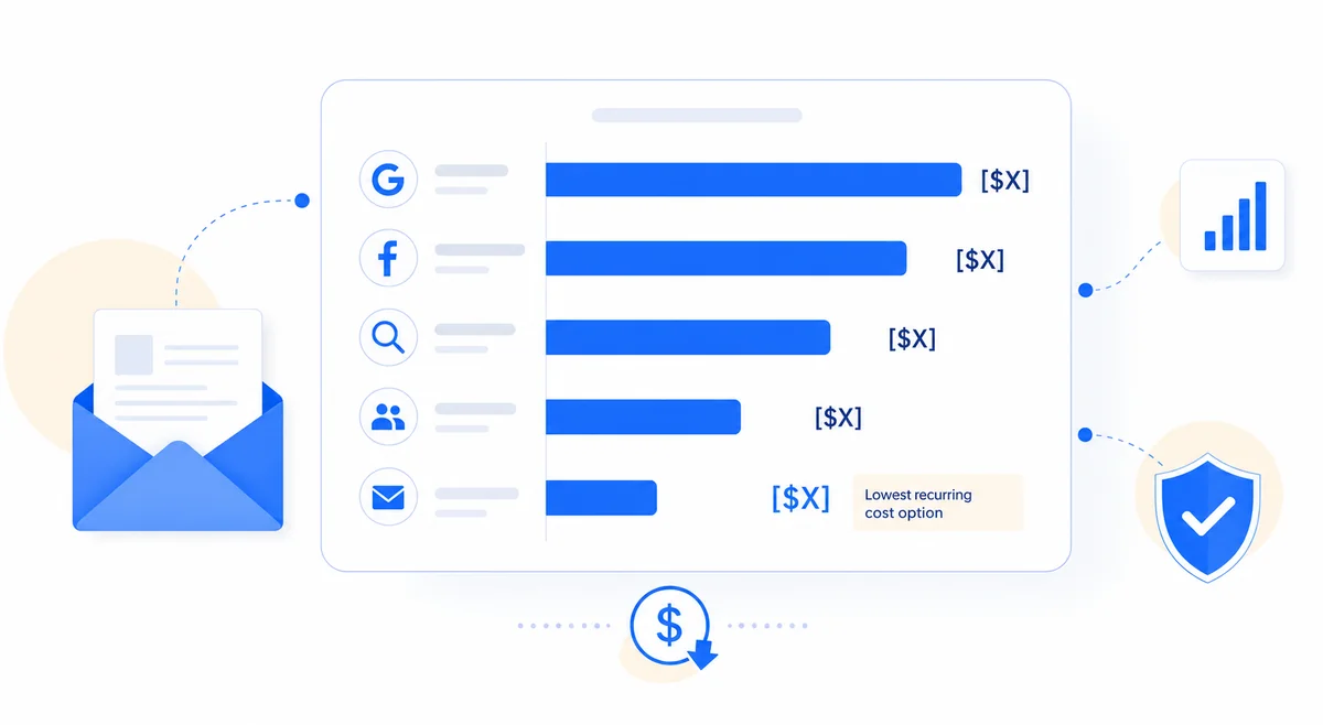 Horizontal bar chart comparing cost per lead for email marketing for lawyers against Google Ads, Facebook Ads, SEO, and referrals.