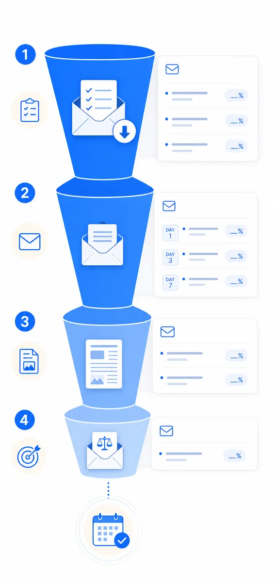 Funnel diagram illustrating how email marketing for lawyers moves prospects from opt-in through nurture to booked consultation.