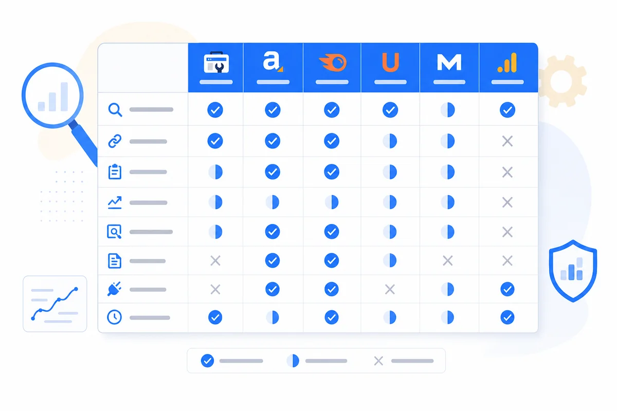 Matrix comparing free SEO tools like Ahrefs alternatives across key features such as backlinks, keywords, and site audits.