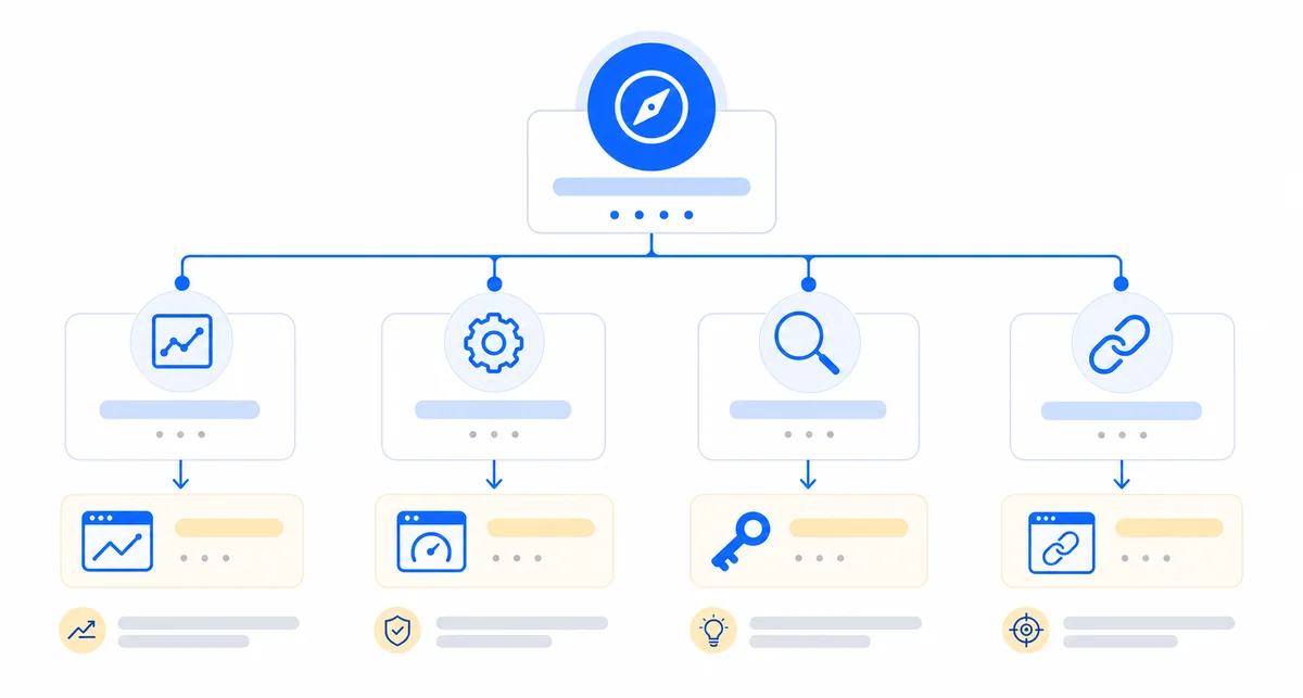 Decision tree helping users pick the best free SEO tool like Ahrefs based on whether they need rankings, audit, keywords, or backlinks.