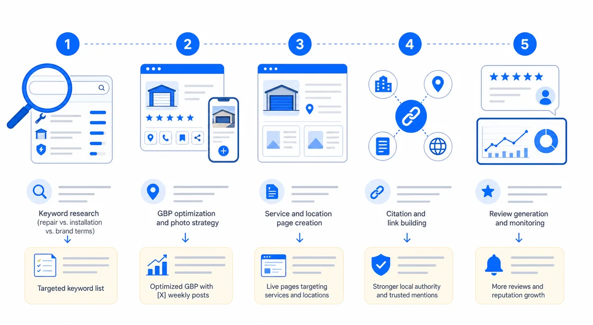 Five-step process diagram showing how a garage door repair SEO company executes keyword research through review generation.