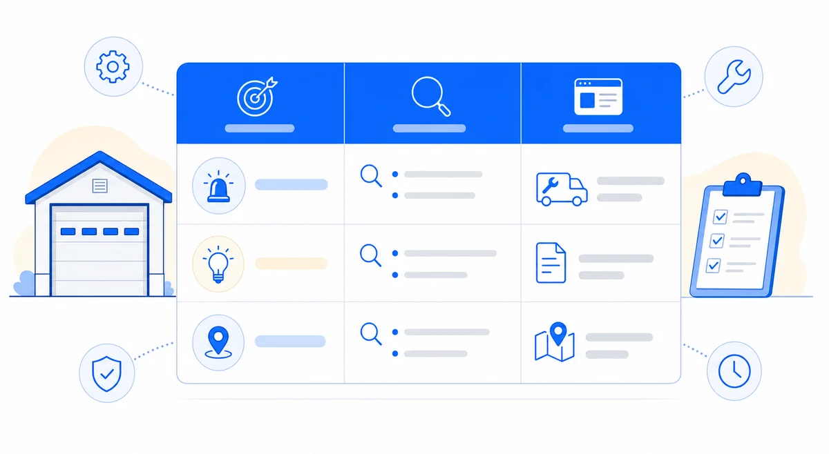 Table mapping garage door repair SEO company keywords by search intent from informational to high-converting transactional queries.