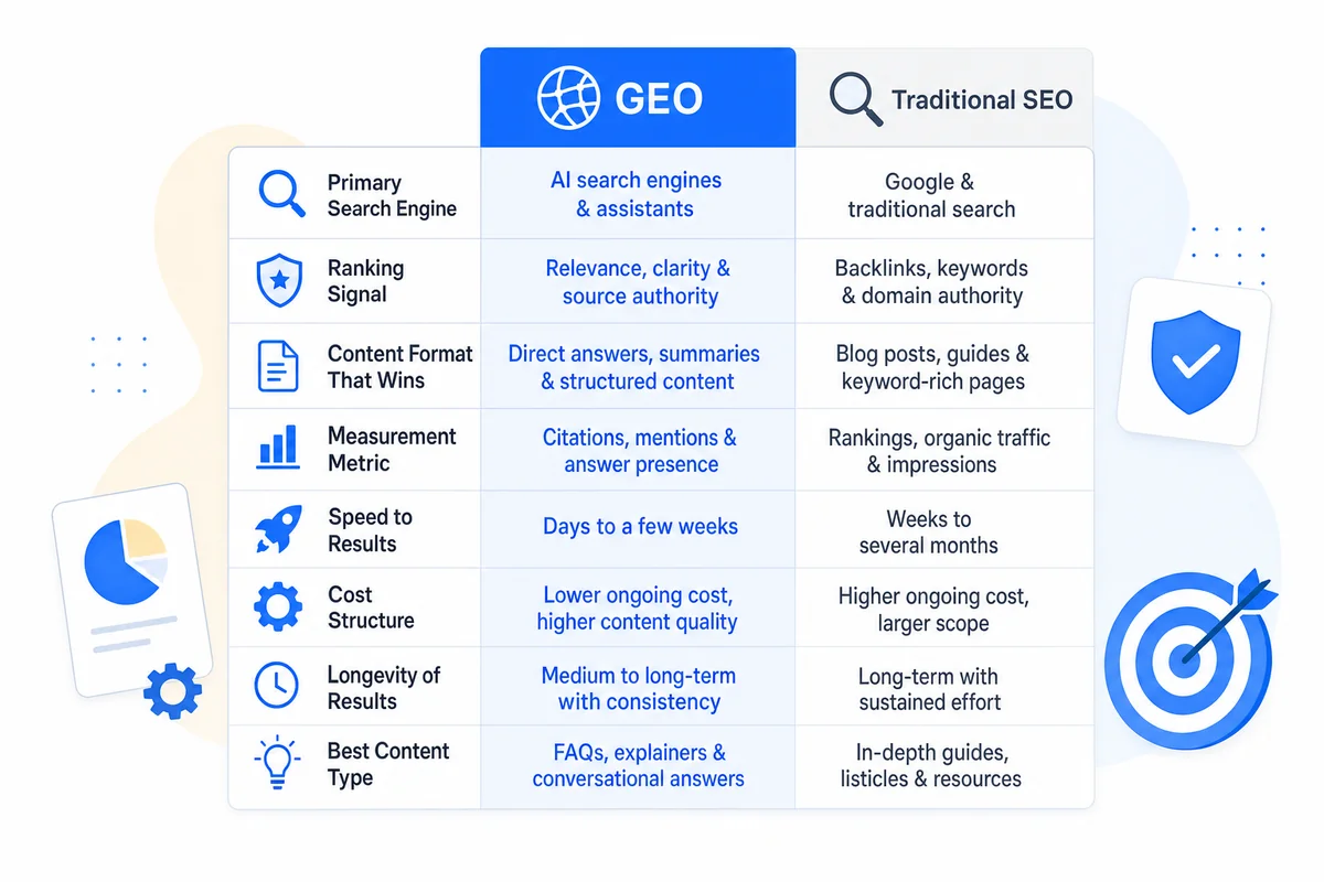 Comparison table contrasting generative engine optimization vs traditional SEO across eight dimensions including ranking signals and cost structure.