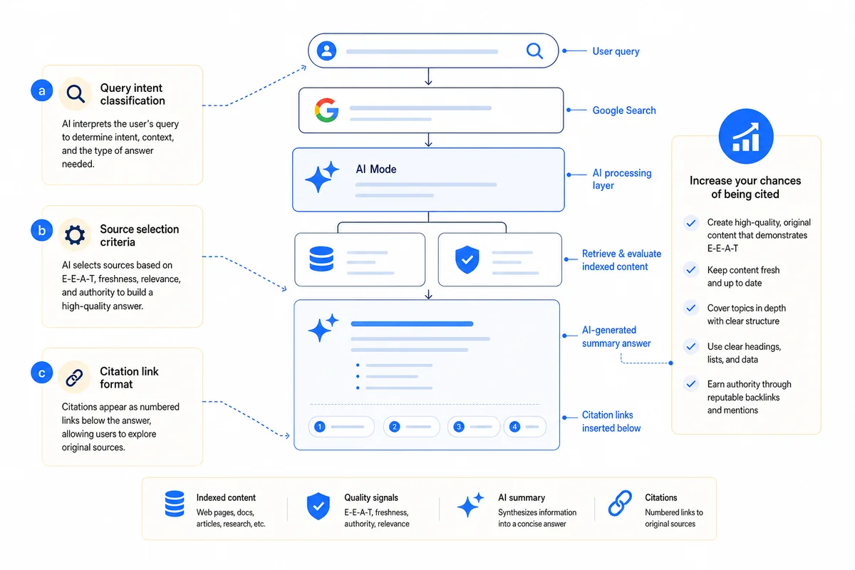 Annotated flowchart illustrating how google ai mode generates a search answer from query intake to cited response output.