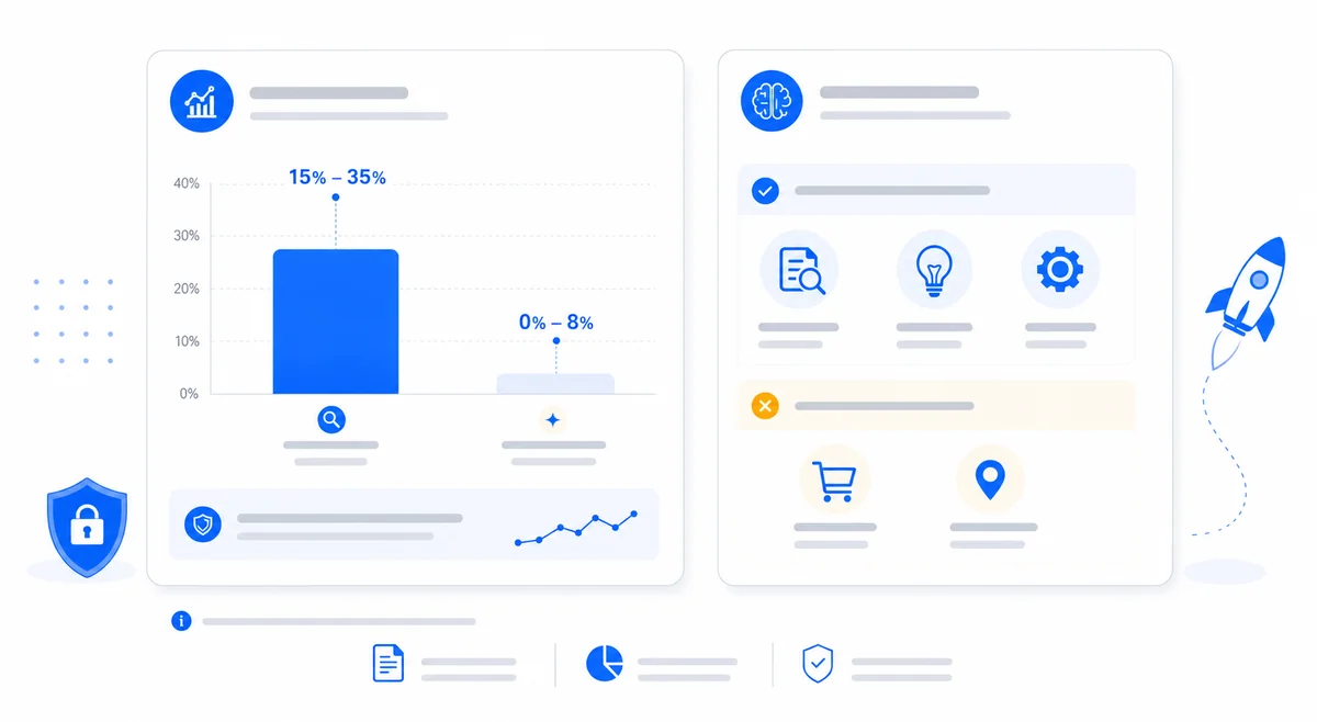 Chart comparing click-through rate impact of google ai mode AI overviews versus traditional blue link results in search.