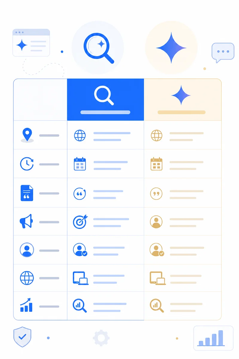 Comparison table contrasting google ai mode vs gemini across seven rows including citation behavior, personalization, and SEO impact.