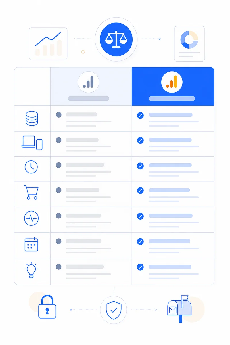 Comparison table listing eight key differences between google analytics 4 ga4 features and Universal Analytics including data model and retention limits.