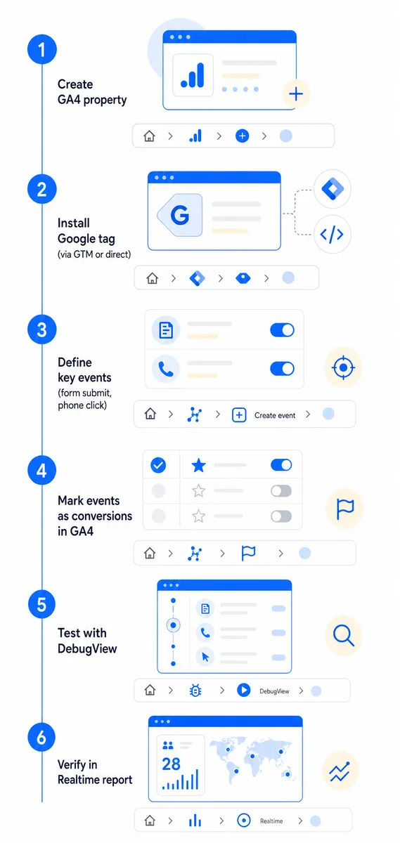 Diagram walking through the six-step google analytics conversion tracking code setup guide 2024 for GA4 in visual sequence.