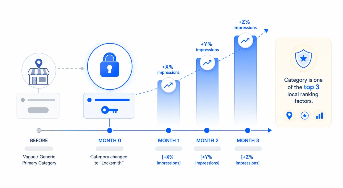 Timeline chart showing how changing your google business profile categories affects local pack rankings over weeks and months.