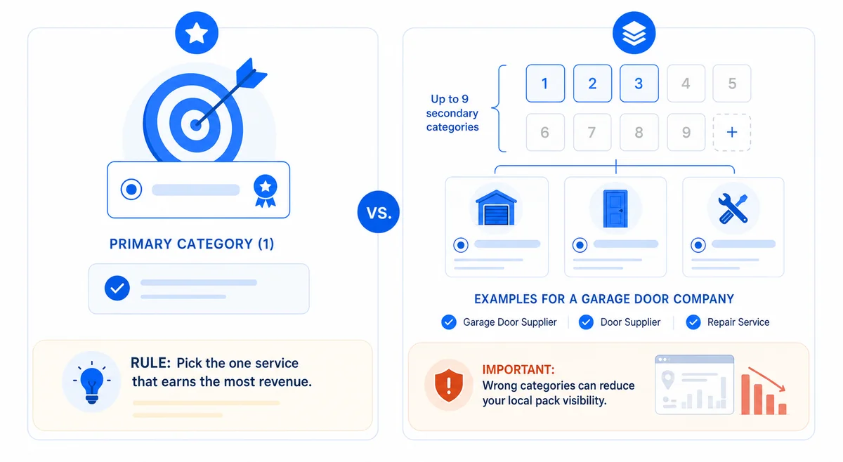 Diagram explaining how to choose primary versus secondary google business profile categories for maximum local search visibility.