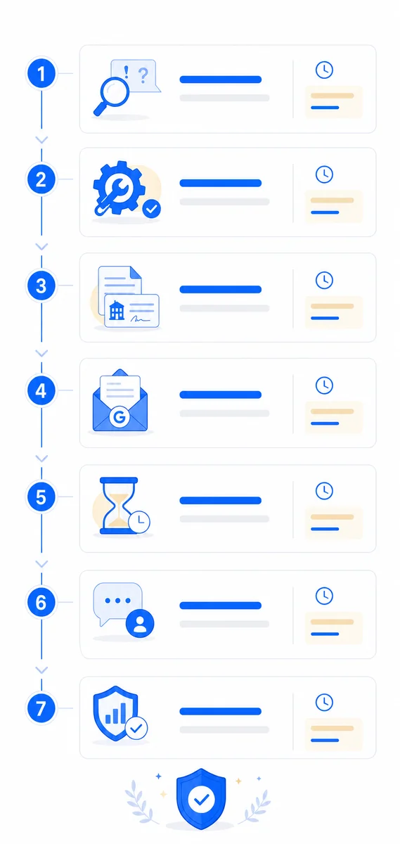 Step-by-step timeline walking through the full google business profile suspension recovery process from appeal to reinstatement.