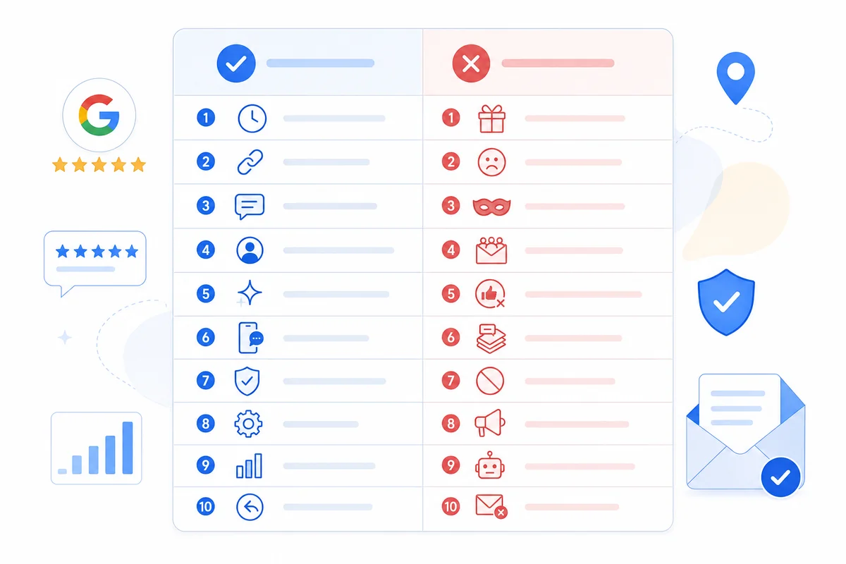 Two-column table listing google review request best practices do and do not rules across 10 paired policy rows.